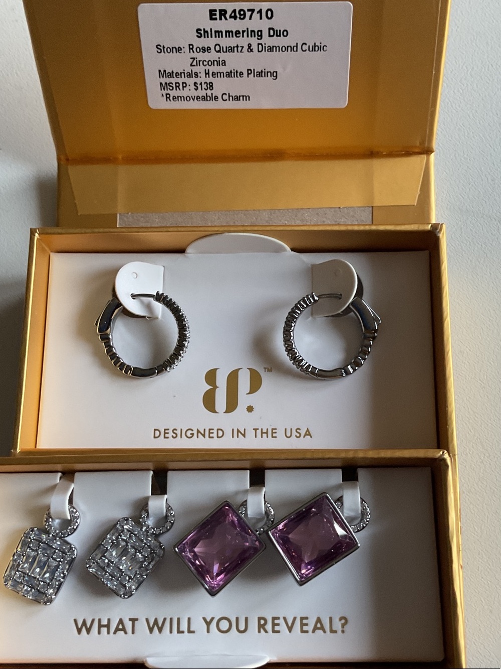 bp Silver Hoops with Pink (Rose Quartz) Square Studs